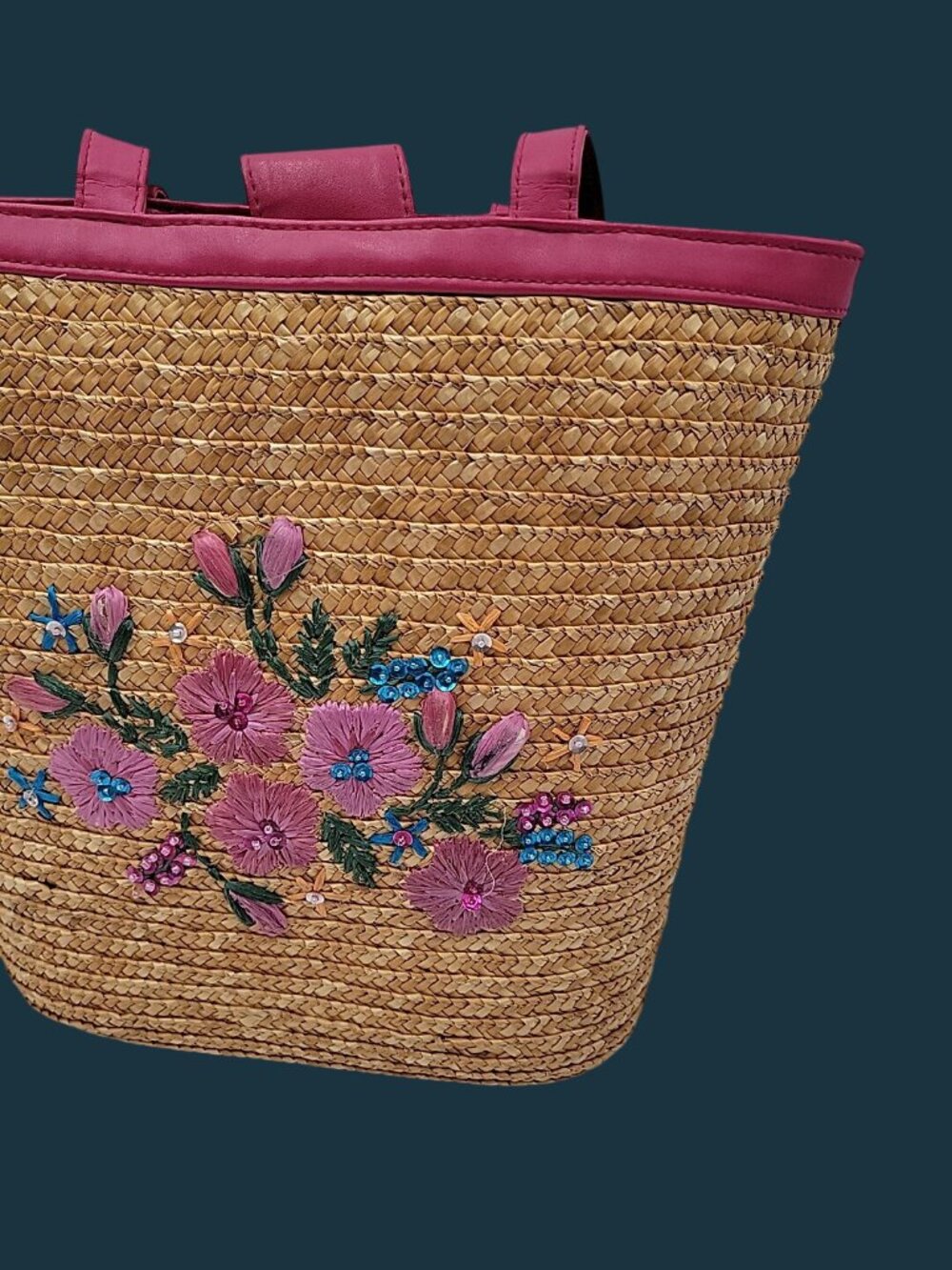 Vintage White Stag Flower Embroidered Straw Tote Bag Fuchsia Trim Y2K Boho - Picture 8 of 10